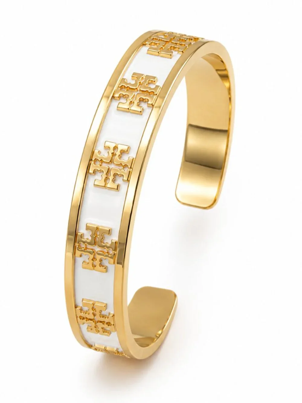 Tory Burch Gold Ivory Stud Hoop HUGGIE Earrings and Enamel Logo Cuff Bracelet